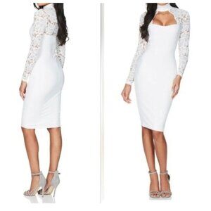 NOOKIE Long Sleeve Lady Lace Midi Sheath Dress XTRA SMALL In White